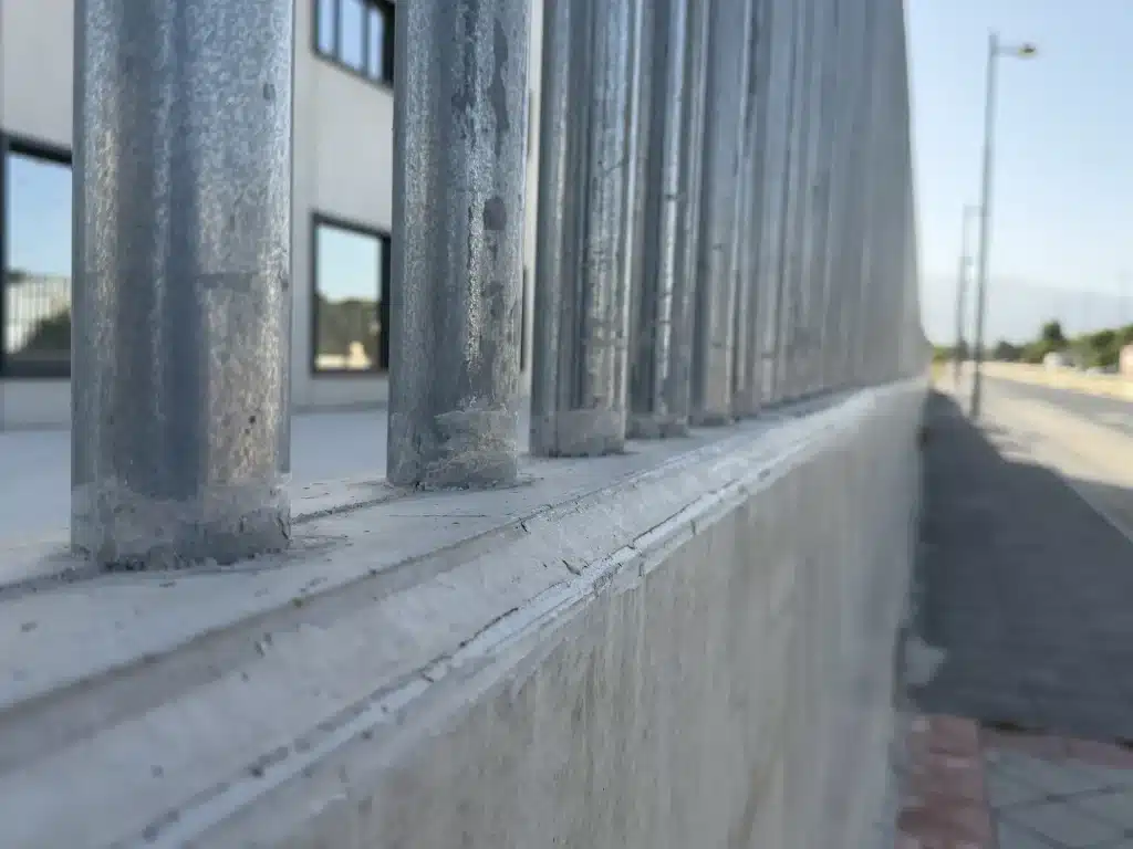 Celosía de lamas verticales de hormigón prefabricado en fachada de nave industrial — Los Cahices, Granada